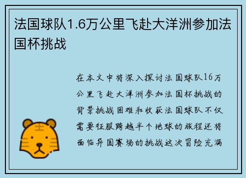 法国球队1.6万公里飞赴大洋洲参加法国杯挑战